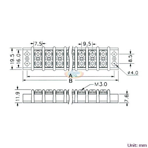 Double Row Terminal Blocks 10A Dimensional