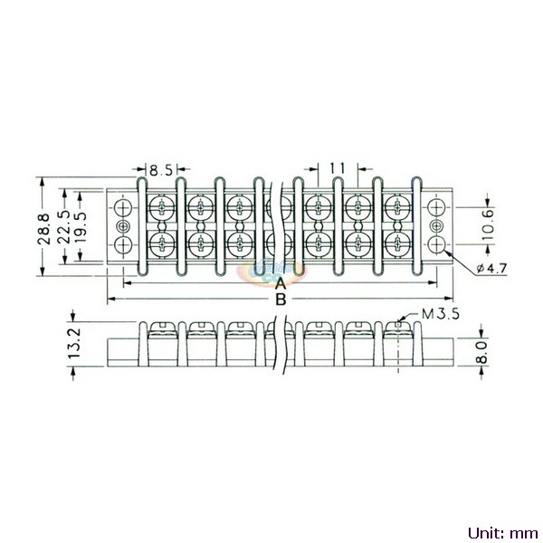 Double Row Terminal Blocks 20A Dimensional