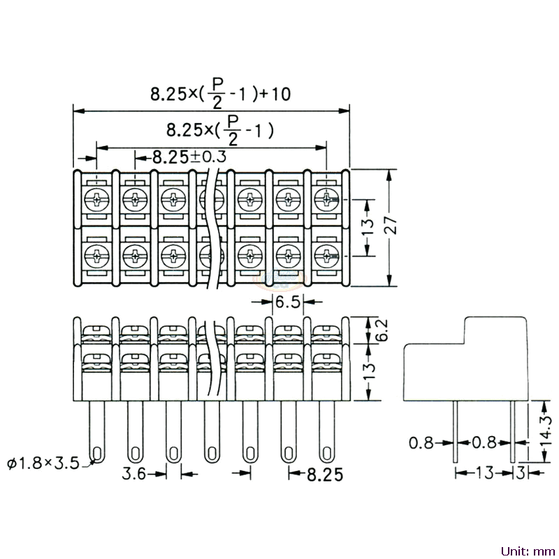 CBP110-02 雙層接線端子台 尺寸圖
