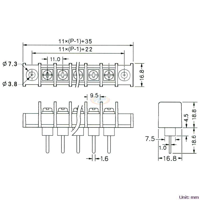 CBP30-05 柵欄式接線端子台 尺寸圖