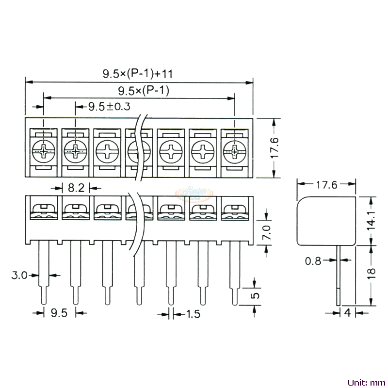 CBP90-08 後擋板柵欄式端子台 尺寸圖
